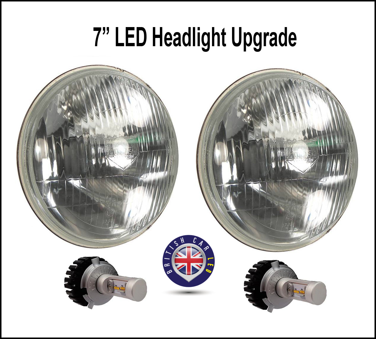 Jaguar MG Austin Healey Lotus Mini Triumph LED Headlight Conversion Kit with Lucas Headlight buckets